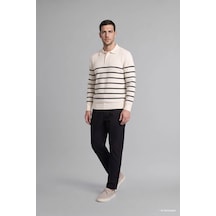 Defacto Standart Fit Çizgili Polo Yaka Ekru Erkek Kazak H7022ax/er100
