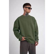 Unisex Biskilet Yaka Üç İplik Sweatshirt - Haki 001