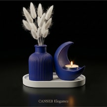 3lü Premium Avangard Hilal Ay Mumluk, Pampas Vazosu Seti - Tealight Mum Hediyeli