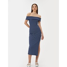 Koton Madonna Yaka Kalem Elbise Midi Boy Yırtmaç Detaylı Slim Fit Lacivert Çizgili 4sal80217ık
