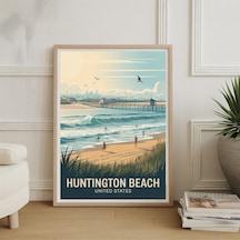 Vintage Tarzı Huntington Beach Seyahat Posteri Sahil Sörfü Sanat Baskısı