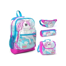 Coral High Pembe-mavi Unicorn Baskılı Kız Çocuk 4'lü İlkokul Çanta Seti