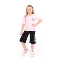 Toontoy Kids Toontoy Kız Çocuk 2'li Takım Baskılı Bisiklet Yaka T-shirt & Beli Lastikli Cepli Kapri Şort - Yırtmaç Detaylı Açık Lila