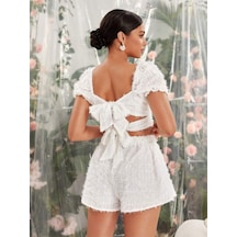 Fashion Cocktail Parlak Kabartma Kare Tüylü Kumaş Pofuduk Kısa Kol Bağlama Crop Şort Takım Beyaz Beyaz