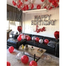 Kırmızı Gümüş Happy Birthday Balon Sevgili Set