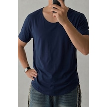 Cool Tarz Erkek Geniş Yaka Oval Etek %100 Pamuk Süprem Kumaş Kısa Kollu Basic Tişört Lacivert Lacivert