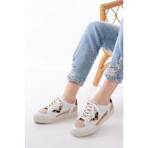 Sv-01 Beyaz Leopar Desenli Bağcıklı Kadın Spor Ayakkabı Beyaz