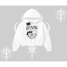 Kapşonlu Crop Sweatshirt Best Friends Forever Baskılı Sevimli Tasarım Beyaz