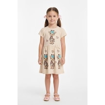 New Kids Baskılı Kız Çocuk Elbise-90570 Bej