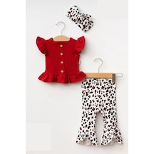 Cantoy Kız Bebek Leopar Desenli Kolları Volanlı Bandanalı 3'lü Takım Kırmızı
