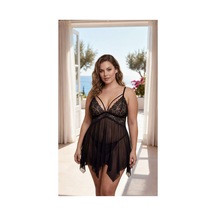Loveria Büyük Beden Dantel Detaylı Tül Siyah Babydoll Siyah Siyah