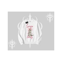 Tarzsokak Serene Beauty Kedi Baskılı Biskilet Sweatshirt Beyaz