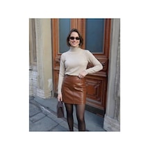 Onno Style Women Düz Balıkcı Yaka Basic Kazak Bej