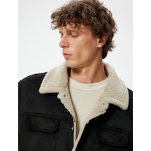 Koton Süet Görünümlü Ceket Slim Fit Peluş Detaylı Gömlek Yaka Siyah 5wam20075hw Siyah