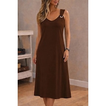 DefyModa Kadın Askılı V Yakalı Kuş Gözü Detaylı Midi Viskon Elbise Kahve