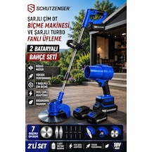 Schutzenger 886RN 2 Batarya Şarjlı Çim Biçme Tırpan Makinesi 7 Başlık Ve Şajlı Turbo Fanlı Üfleme Makinesi Mavi Set
