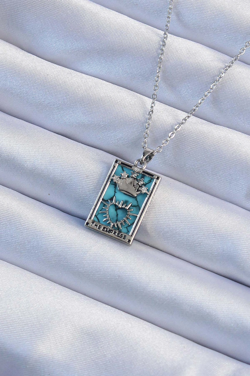 316l Çelik Zincir Gümüş Renk Zirkon Taşlı Mavi Mermer Desenli Taç Model Tarot Kolye