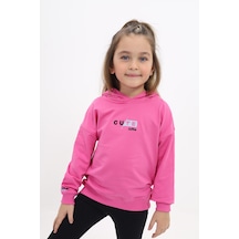 Toonto Kız Çocuk Relax Fit Kapüşonlu Düşük Omuz Baskılı Sweatshirt - 2 İplik Fuşya