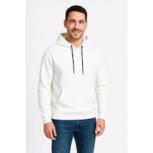Erkek 3 İplik Pamuklu Kapüşonlu Kanguru Cepli Sweatshirt Hoodie - Beyaz
