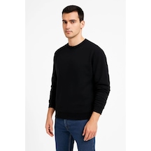 Erkek 3 İplik Pamuklu Düz Bisiklet Yaka Sweatshirt - Siyah