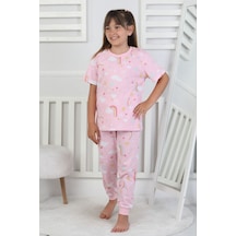 %100 Pamuk Gökkuşağı Desenli Kısa Kollu Manşetli Paça Kız Çocuk Pijama Takımı 3-8 Yaş Pembe