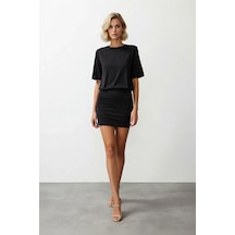 Benerly Kadın Mini Bodycon Kısa Kollu Bisiklet Yaka Esnek Örme Elbise Las Siyah