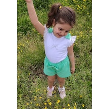 Novy Baby Fiyonklu Taş Baskılı Tshirt Şortlu Kız Çocuk 2'li Takım 2-5 Yaş
