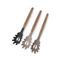 Bambu Saplı Silikon Makarna Servis Kaşığı Isıya Dayanıklı, Yapışmaz, 3 Renk Seçenekli, 27cm Uzun Saplı Makarna Kaşığı Siyah