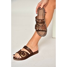 Fox Shoes Y390450703 Siyah Hakiki Deri Zımba Detaylı Kadın Terlik Kahverengi