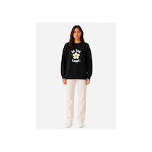 Herkesemoda Be The Light Papatya Baskı Detaylı Şardonlu 2 İplik Bisiklet Yaka Sweatshirt Siyah