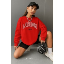 Benroma 3 İplik Penye London Baskılı Unisex Sweatshırt Kırmızı