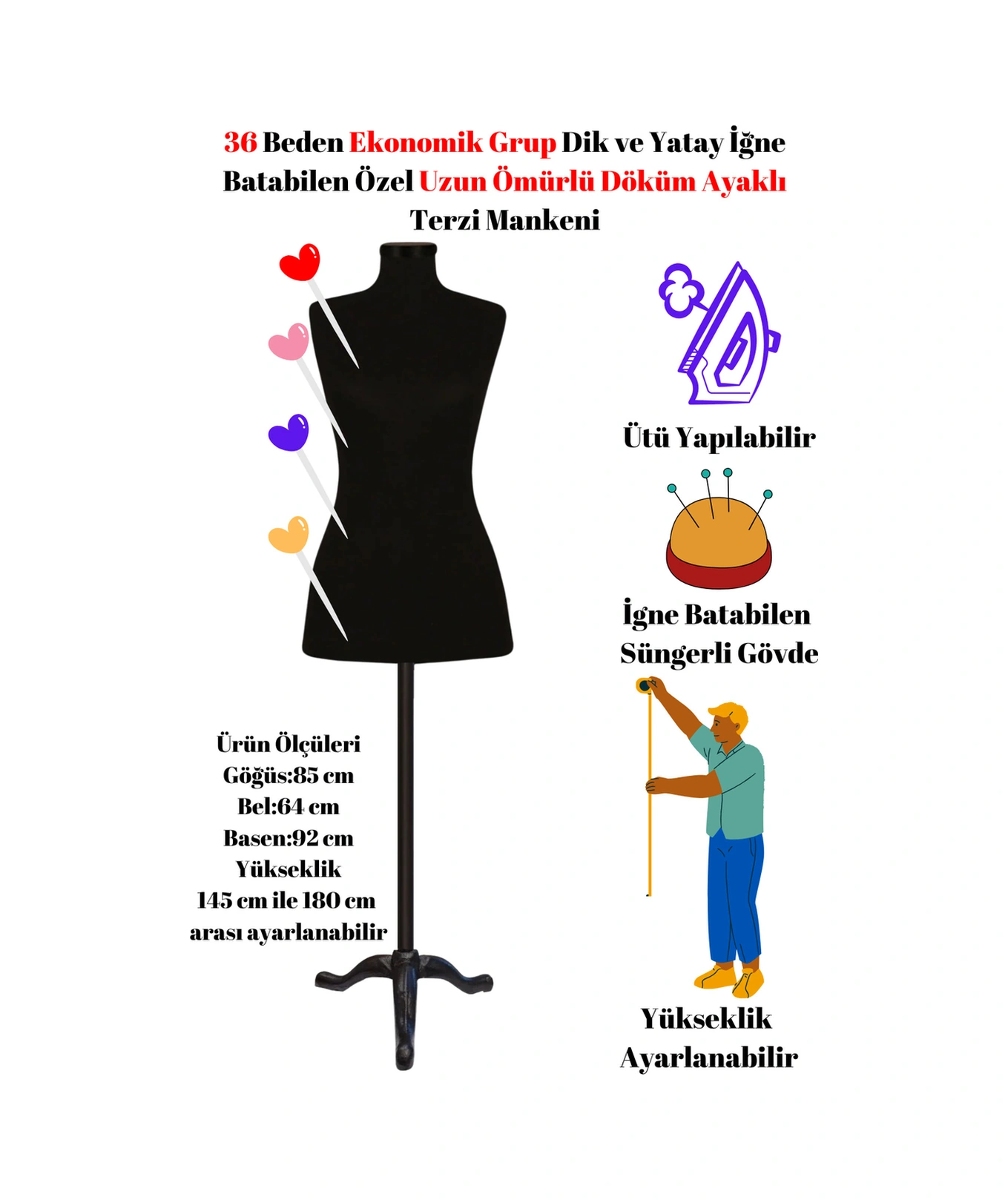 Süngerli Uzun Ömürlü Döküm Ayaklı Terzi Mankeni 36-38-42-44-44-46 Beden Seçenekleri İst11