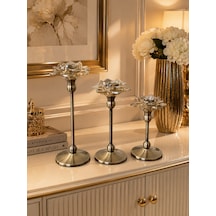 Chacha Home 3'lü Metal Ayaklı Lotus Kristal Cam Şamdan Mumluk Seti 29 Cm - 24 Cm - 19 Cm - Dekoratif Nilüfer Çiçeği Mum Standı Eskitme