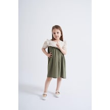 Oliventhekid İki Renkli Asimetrik Fırfırlı Kolları Lastikli Kız Çocuk Elbise Haki Haki