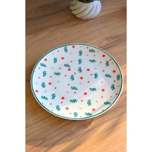 Tabak Evi Porselen Yeşil Çiçekli Pasta Tabağı Yeşil Fileli 20,50cm Krem