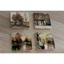 Sonbahar Ağaçlı Manzaralar Doğal Taş Bardak Altlığı 4'lü Set - Natural Stone Coasters - Taş Çok Renkli