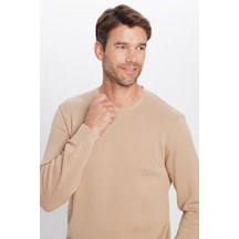 Erkek Slim Fit Dar Kesim Bisiklet Yaka Petek Desenli Taş Triko Kazak-25836 Taş - Ekru