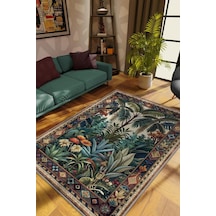 Homshtag Art Deco Tropikal Orman Vintage Halı Görünümlü Dijital Baskı Yeşil Renk Rustik Çiçekli Halı Çok Renkli