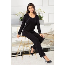Faal 8615 Kadın Uzun Kollu Dantel Detaylı Pijama Takımı-siyah Siyah