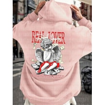 Startmore Pembe Unisex Oversize Real Lover Baskılı Bol Kesim Kapşonlu Şardonlu