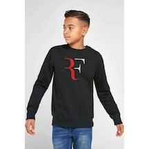 Tshirthane Roger Federer Rf Baskılı Unisex Çocuk Siyah Sweatshirt Siyah
