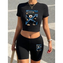Tarzsokak Seksi Bağlı Siyah Ayı Baskılı Babby Teet-shirt Şort Kadın Yaz İki Parçalı Set Üstleri Pantolon Yü