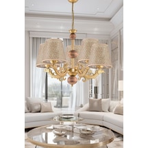 Beş Kollu Ahşaplı Eskitme Zamak Metal Döküm Avize Kahverengi Rattan Hasır Şapkalı Kahverengi