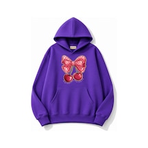 Herkesemoda Kurdele Kiraz Baskılı Kapüşonlu 2 İplik Şardonlu Sweatshirt Mor