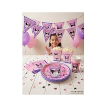 Kuromi 16 Kişilik Doğum Günü Parti Seti Tabak Bardak Peçete Balon Flama Mısır Kutusu Mor Pembe