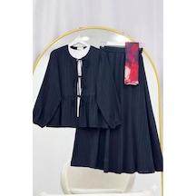 Lovie Moda Önü Bağlamalı Kol Lastikli Etekli Takım Siyah
