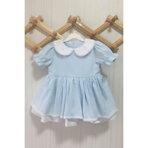 Bebe Yaka Dantel Detaylı Poplin Kız Çocuk Bebek Bebe Mavi Beyaz Elbise 001