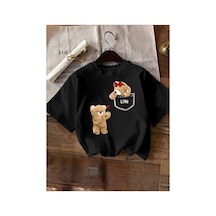 Herkesemoda Ayıcık Baskı Detaylı Basic T-shirt Siyah