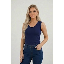 Hashtag Kadın Prenses Yaka Sıfır Kol Body Günlük Viskon Kumaş Lacivert