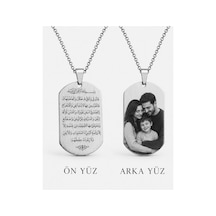 Kişiye Özel Ayetel Kürsi Yazılı Fotoğraflı Çelik Dog Tag Kolye Gümüş Renk Gümüş